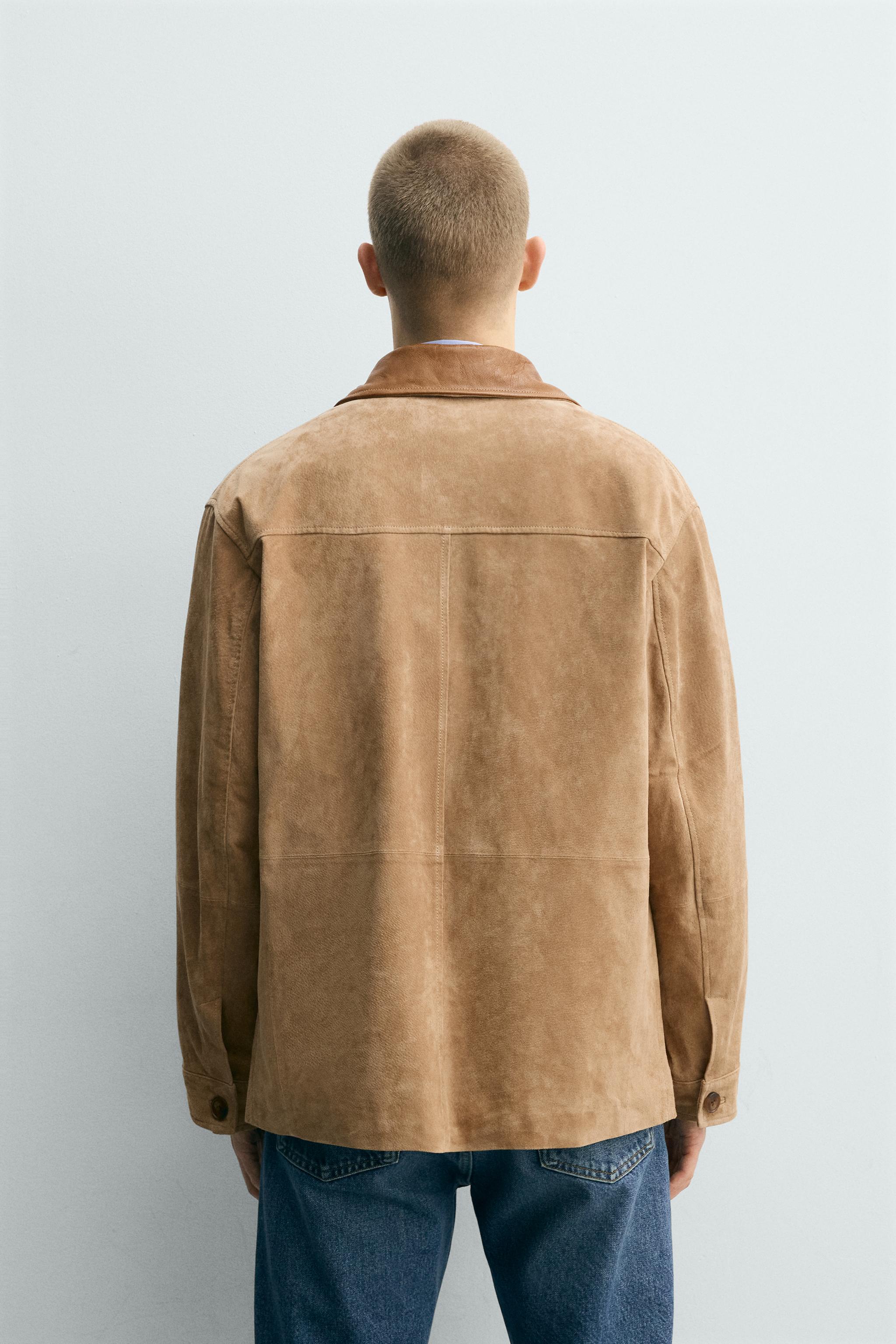 VESTE EN CUIR VELOURS AVEC COL BIMATIÈRE